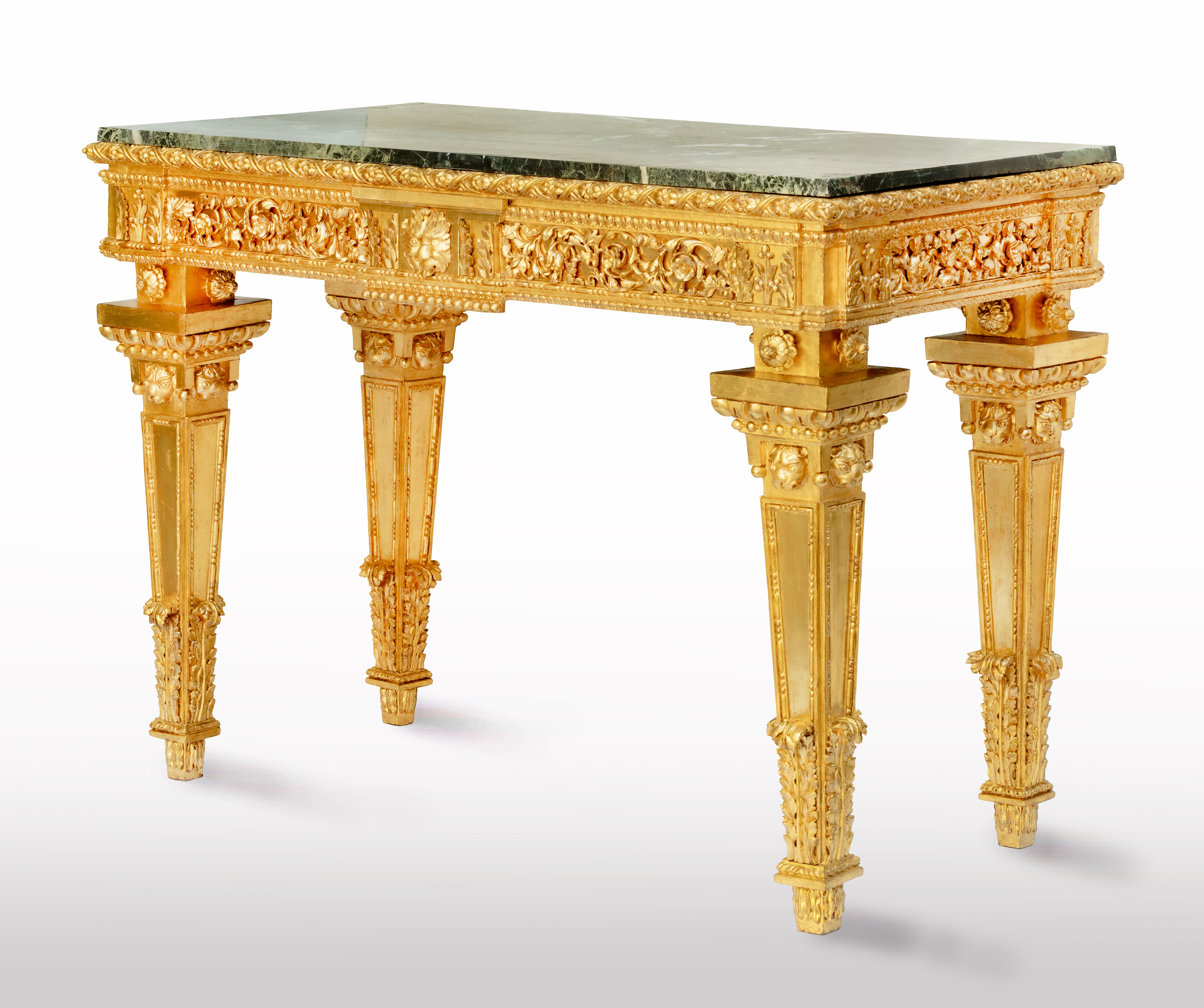 An Italian neoclassical carved and gilded wood console table, with a rectangular Verde Alpi marble top.